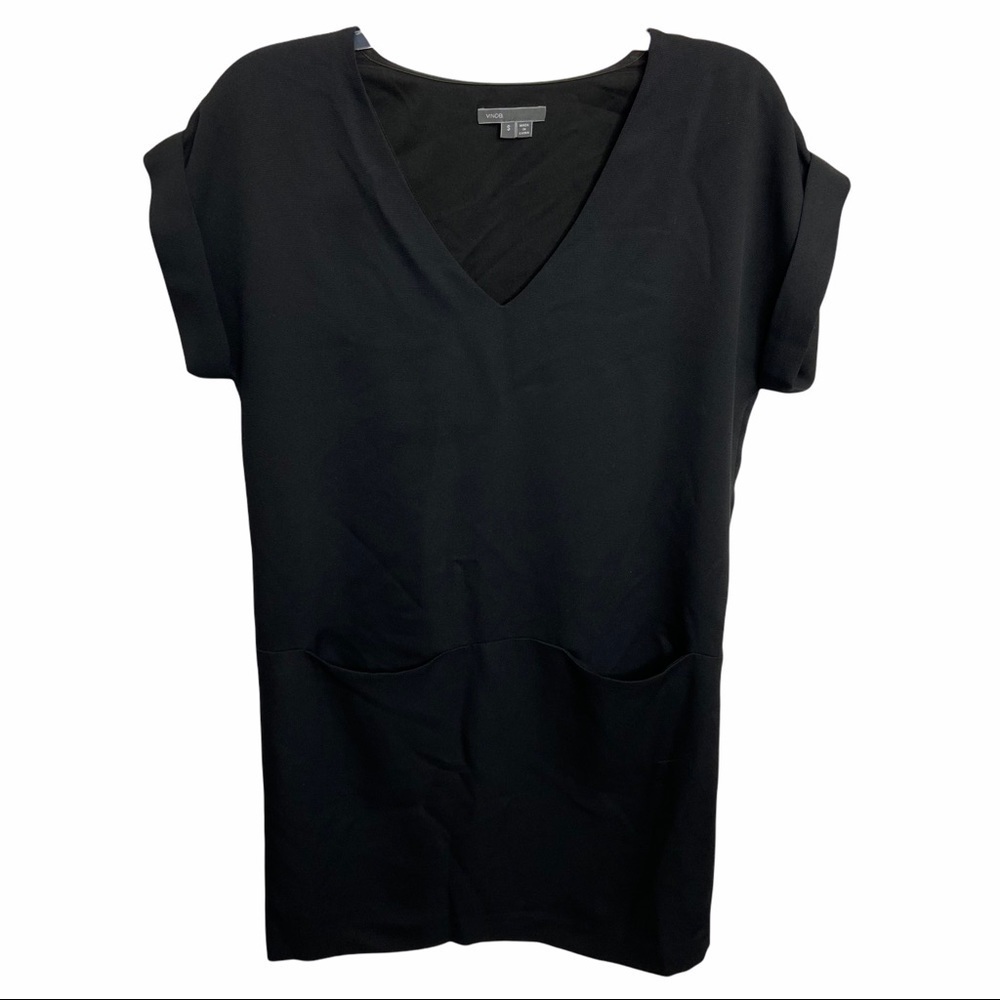 Vince Small Black V-neck Shift Dress Front Pocket Short Sleeves Cuffed Sleeves